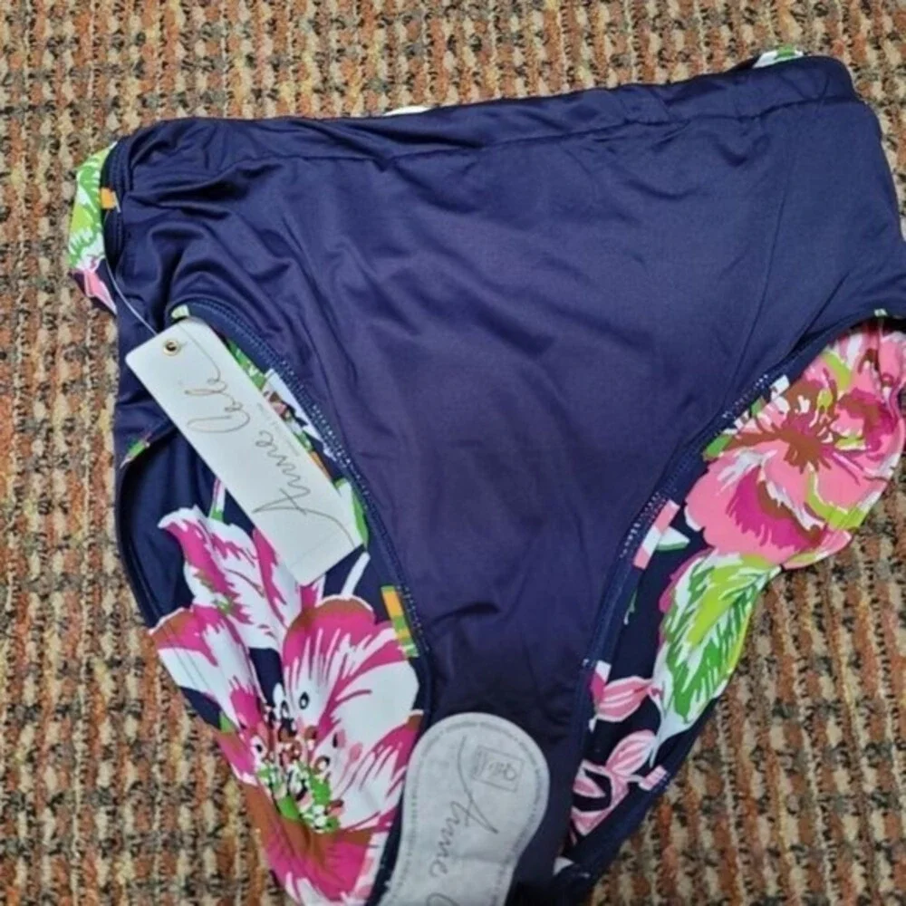 Anne Cole Signature Tropical Bloom Belted High-Waist Bikini Bottom- Blue, Large - Picture 10 of 12